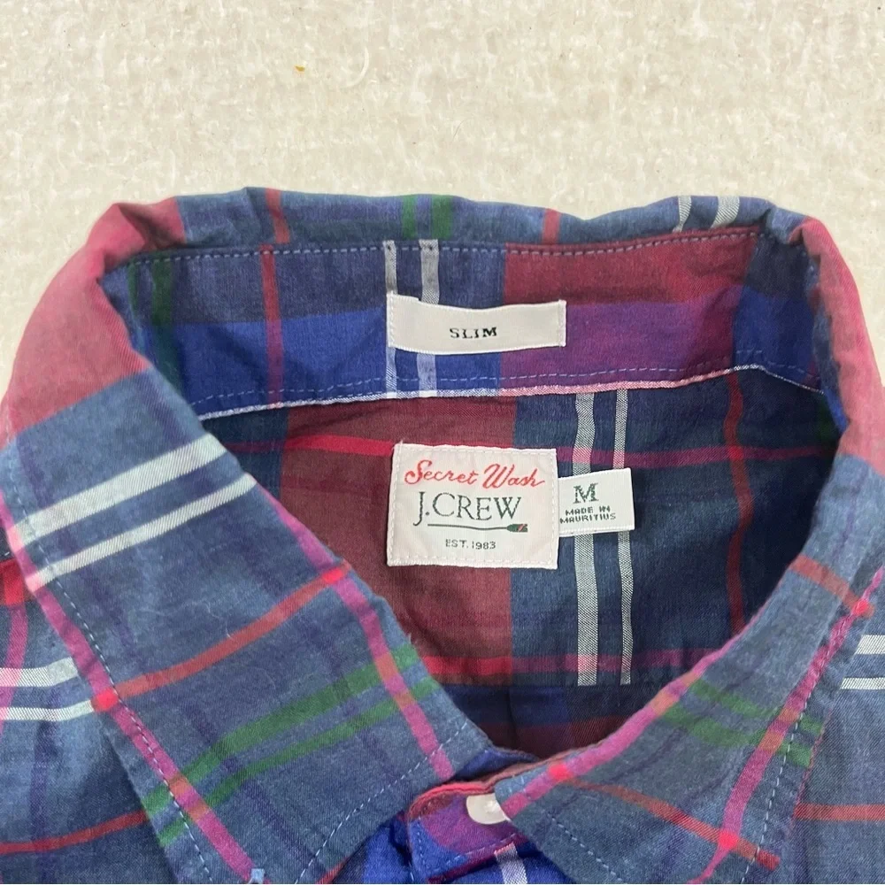 J. Crew Secret Wash Slim Cotton Poplin Plaid Long Sleeve Button Down Size Medium
